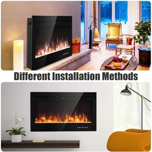  ARLIME 36” Recessed Electric Fireplace 750W/1500W Wall Mounted & in Wall, Smokeless Electric Stove Heater with Remote Control Touch Screen, 9 Flame Color, Temperature Control & Tim