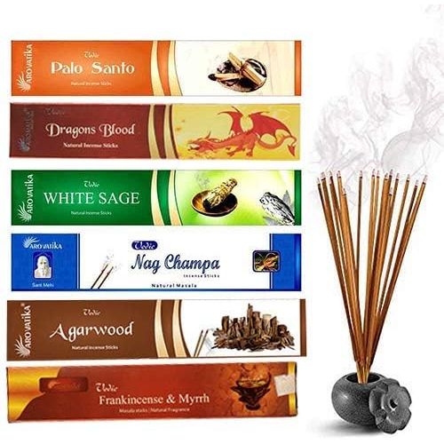  인센스스틱 ARO VATIKA Vedic 6 Assorted Natural Masala Incense Sticks of 90 Gm (Palo Santo, Dragon’s Blood, White Sage, Nag Champa, Agarwood, Frankincense & Myrrh) Variety Pack F