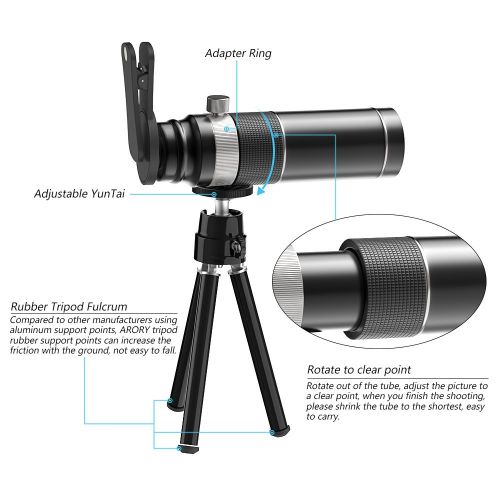  ARORY Cell Phone Camera Lens, 20x Telephoto Lens + 180 Degree Fisheye Lens, 2 in 1 Phone Camera Lens + Tripod + Remote Shutter for iPhone x 8 7 6s 6 Plus, Samsung Galaxy & Most Android S