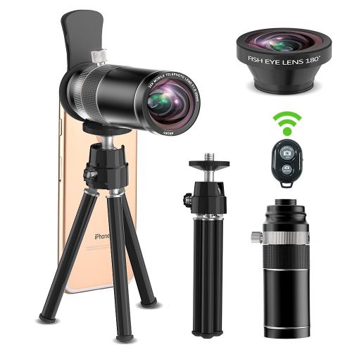  ARORY Cell Phone Camera Lens, 20x Telephoto Lens + 180 Degree Fisheye Lens, 2 in 1 Phone Camera Lens + Tripod + Remote Shutter for iPhone x 8 7 6s 6 Plus, Samsung Galaxy & Most Android S