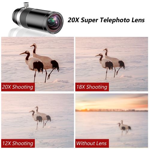  ARORY Cell Phone Camera Lens, 20x Telephoto Lens + 180 Degree Fisheye Lens, 2 in 1 Phone Camera Lens + Tripod + Remote Shutter for iPhone x 8 7 6s 6 Plus, Samsung Galaxy & Most Android S