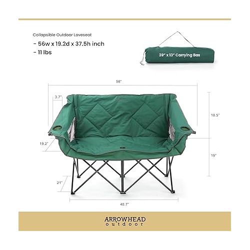  ARROWHEAD OUTDOOR Portable Folding Double Duo Camping Chair Loveseat w/ 2 Cup & Wine Glass Holder