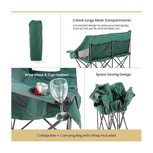  ARROWHEAD OUTDOOR Portable Folding Double Duo Camping Chair Loveseat w/ 2 Cup & Wine Glass Holder