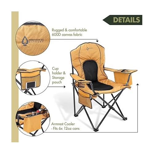  ARROWHEAD OUTDOOR Portable Folding Camping Quad Chair w/ 4-Can Cooler, Cup-Holder, Heavy-Duty Carrying Bag w/Easy Carry Shoulder Strap, Padded Armrests, Supports up to 330lbs, USA-Based Support
