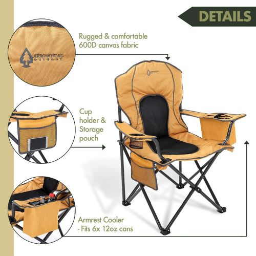  ARROWHEAD OUTDOOR Portable Folding Camping Quad Chair w/ 4-Can Cooler, Cup-Holder, Heavy-Duty Carrying Bag, Padded Armrests, Supports up to 330lbs, USA-Based Support