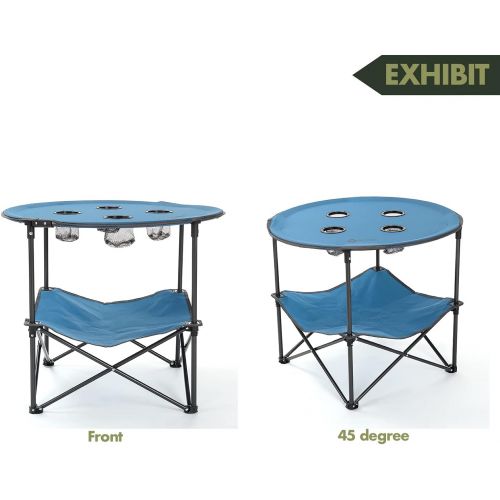  ARROWHEAD OUTDOOR Heavy-Duty Portable Folding Table, 4 Cup Holders, No Sag Surface, Compact, Round, Carrying Case, Steel Frame, High-Grade 600D Canvas, Lower Storage Area, USA-Base