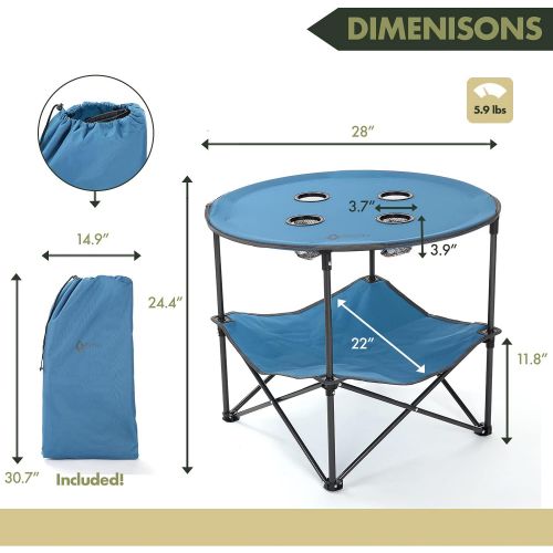  ARROWHEAD OUTDOOR Heavy-Duty Portable Folding Table, 4 Cup Holders, No Sag Surface, Compact, Round, Carrying Case, Steel Frame, High-Grade 600D Canvas, Lower Storage Area, USA-Base