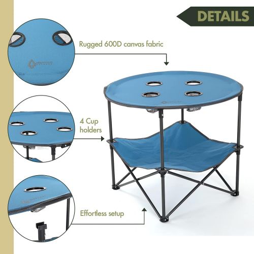  ARROWHEAD OUTDOOR Heavy-Duty Portable Folding Table, 4 Cup Holders, No Sag Surface, Compact, Round, Carrying Case, Steel Frame, High-Grade 600D Canvas, Lower Storage Area, USA-Base