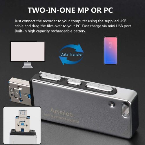  ARSSILEE Arssilee Voice Recorder Mini Voice Recorder 16GB USB Flash Drive 192 Hours Capacity Dictaphone Voice Recorder with Dual USB Connector & MP3 Player Digital Sound Recorder for Lectur