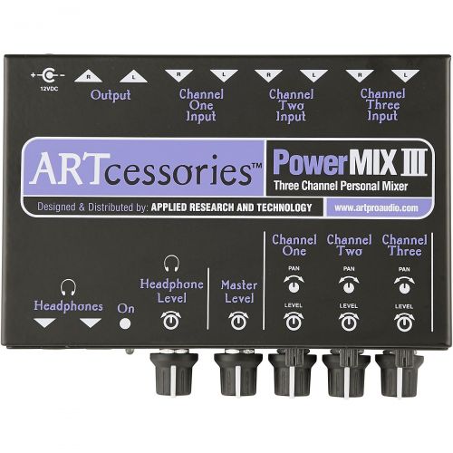  ART},description:The ART PowerMIX III - 3 Channel Personal Mixer connects 3 signals from any source to a recorder. Monostereo signals come in through 3 input channels, and are mix