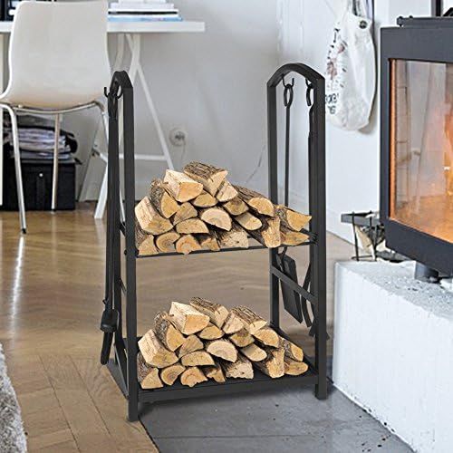  ART TO REAL Firewood Log Rack Fireplace Tool Sets Black Wrought Iron Firewood Storage Holder Fireplace Wood Carrier Fireside Lumber Stacking Log Bin Brush Shovel Poker Tongs 17.8 x 11.8 x 29.3