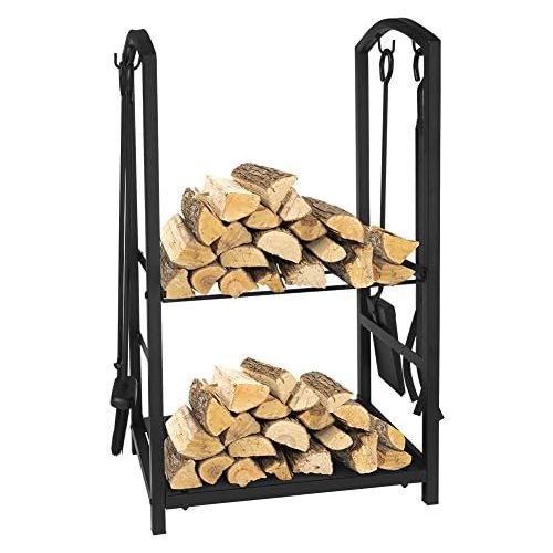  ART TO REAL Firewood Log Rack Fireplace Tool Sets Black Wrought Iron Firewood Storage Holder Fireplace Wood Carrier Fireside Lumber Stacking Log Bin Brush Shovel Poker Tongs 17.8 x 11.8 x 29.3