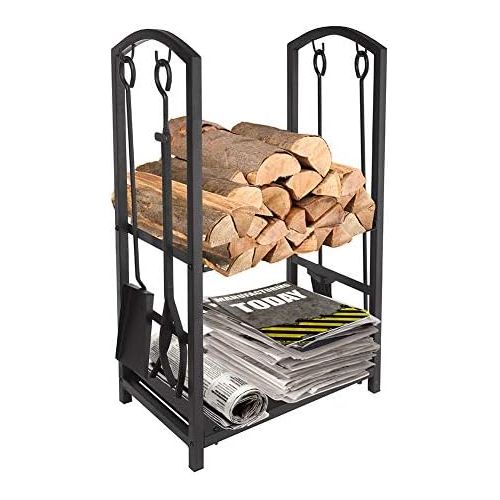  ART TO REAL Firewood Log Rack Fireplace Tool Sets Black Wrought Iron Firewood Storage Holder Fireplace Wood Carrier Fireside Lumber Stacking Log Bin Brush Shovel Poker Tongs 17.8 x 11.8 x 29.3