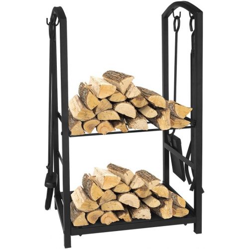  ART TO REAL Firewood Log Rack Fireplace Tool Sets Black Wrought Iron Firewood Storage Holder Fireplace Wood Carrier Fireside Lumber Stacking Log Bin Brush Shovel Poker Tongs 17.8 x 11.8 x 29.3