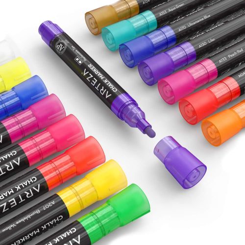  [아마존 핫딜] [아마존핫딜]ARTEZA Liquid Chalk Markers Set of 16 (16 Bright Colors, 16 Replaceable Chisel Tips, 1 pc Tweezers, 50 Labels, 2 Sticky Stencils) - Dust-Free - Water Based Chalkboard Markers - Non