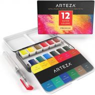 [아마존 핫딜] [아마존핫딜]ARTEZA Watercolor Paint, Set of 12 Assorted Vibrant Colors in Half Pans (in Tin Box) with Water Brush Pen for Artists, Art Painting, Ideal for Watercolor Techniques