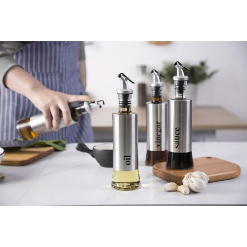  ARTFIX Olive Oil Vinegar and Sauce Dispenser Stainless Steel Bottle 3 Piece Set with funnel - 10.3oz/300ml Oil Vinegar and Sauce Cruet Pourer Dispensing Glass and Stainless Steel Bottles