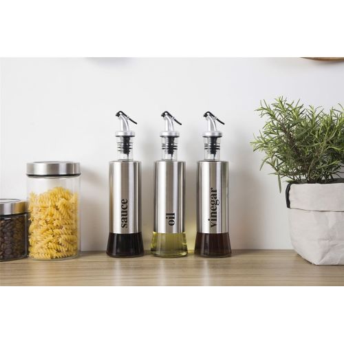  ARTFIX Olive Oil Vinegar and Sauce Dispenser Stainless Steel Bottle 3 Piece Set with funnel - 10.3oz/300ml Oil Vinegar and Sauce Cruet Pourer Dispensing Glass and Stainless Steel Bottles