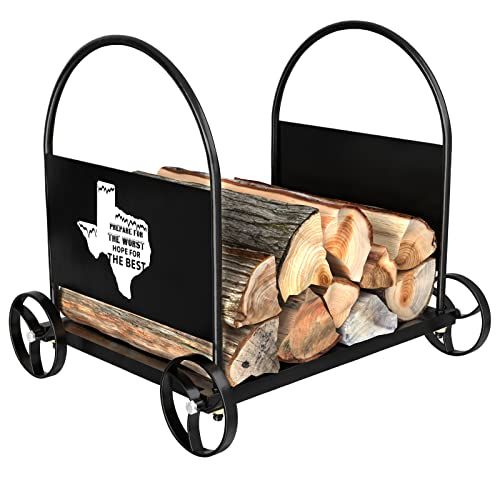  ART GIFTREE Small Decorative Firewood Rack Indoor Fireplace Log Holder with Wheels, Iron Firewood Carriers for Inside/Outdoor, Heavy Duty Logs Storage Stand for Fire Pit Stove Acce