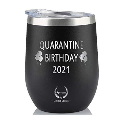  [아마존베스트]ARTSUN Quarantine Birthday Gifts,2021 Funny Novelty Wine glass Personalized Present for Women, Men, Coworkers, Friends - Vacuum Insulated Tumbler 12oz Black