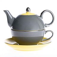 ARTVIGOR Porcelain Tea Set for One Teapot 14 oz and Cup 8.6 oz with Saucer Stackable Single Serve 3-Piece, Grey