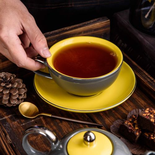  ARTVIGOR Porcelain Tea Set for One Teapot 14 oz and Cup 8.6 oz with Saucer Stackable Single Serve 3-Piece, Grey