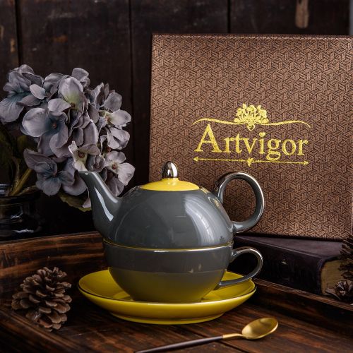  ARTVIGOR Porcelain Tea Set for One Teapot 14 oz and Cup 8.6 oz with Saucer Stackable Single Serve 3-Piece, Grey