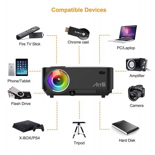  ARTlii Video Projector, Artlii Portable HD Projector 1080P Support LED Projector with HDMI VGA USB AV SD for Home Theater,Video Game, Movie,Outdoor
