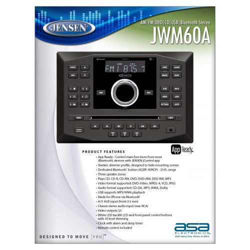  ASA Jensen JWM60A AM|FM|DVD|CD|USB|AUX|RCA|App Ready Bluetooth Wallmount Stereo with App Control, Plays: CD, CD-R, CD-RW, DVD, DVD+RW, DVD-RW, MP3, DVD-Video, MPEG-4, VCD, JPEG, CD-DA,