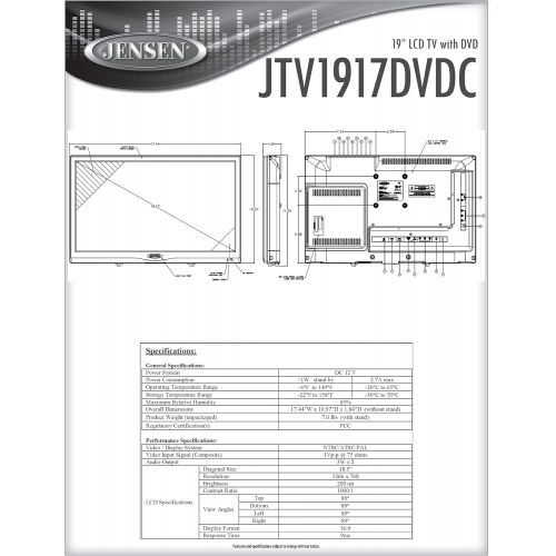  [아마존베스트]ASA Jensen JTV1917DVDC 19 Inch LCD TV with Built-In DVD Player, DC Power