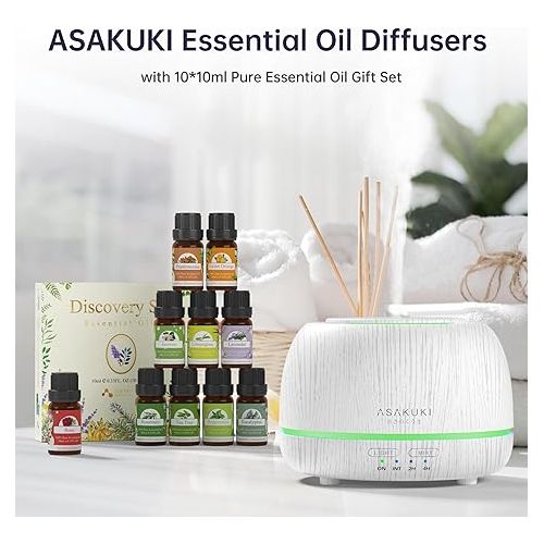  ASAKUKI Premium Essential Oil Diffuser with 10 Oil Set &Remote Control, 5 in 1 Ultrasonic Aromatherapy Fragrant Oil Humidifier Vaporizer, Timer and Auto-Off Safety Switch-White