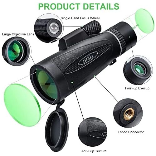  [아마존베스트]ASFSKY Monocular Telescope 12 x 60 with Universal Compass and Smartphone Holder, 2020 Newest Waterproof Monocular Telescope for Sports, Bird Watching, Hunting, Wildlife etc, Gift, Camping