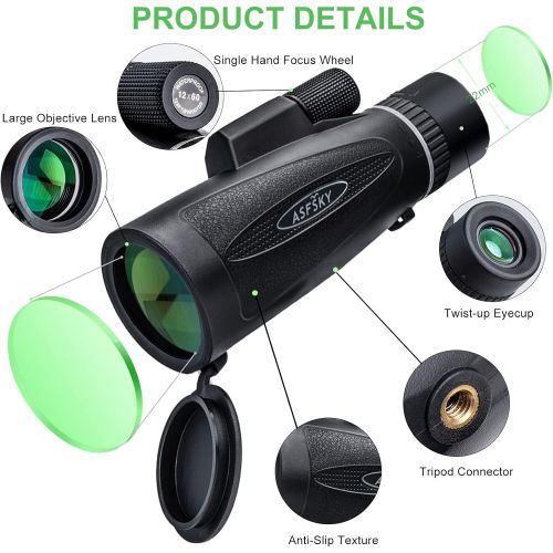  [아마존베스트]ASFSKY Monocular Telescope 12 x 60 with Universal Compass and Smartphone Holder, 2020 Newest Waterproof Monocular Telescope for Sports, Bird Watching, Hunting, Wildlife etc, Gift, Camping