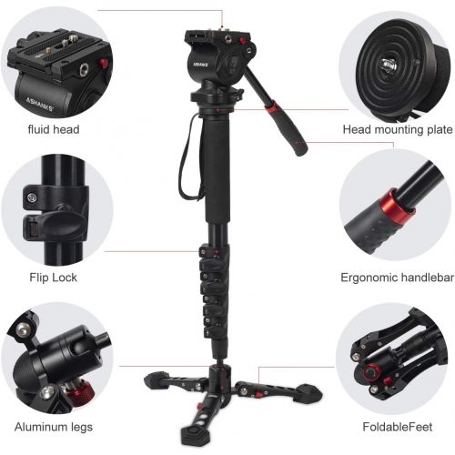  ASHANKS Video Monopod, 63 inch Lightweight Aluminium Camera Monopods Unipod Video DSLR Tripod Holder With Hydraulic Flat Base Pro Fluid Head 4KG Load Damping Head