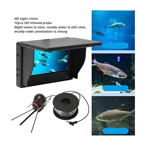  4.3in TN HD Underwater Fishing Camera, Professional Ice Fishing Camera, IP68 Waterproof Fish Finder with 12 Night Vision Lights for Fishing (15m / 16.4yd US Plug)