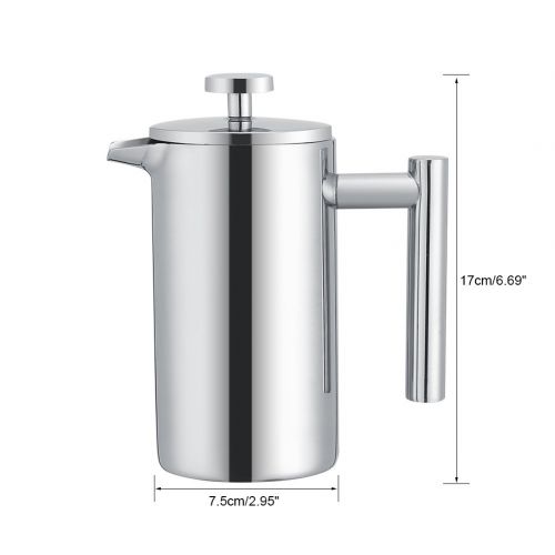  French Press Kaffeebereiter,ASHATA 350ML Kaffeezubereiter Franzoesisch Presse Kaffee/Tee Maker,Doppelwandige Edelstahl Franzoesische Kaffeepresse Teekanne Kaffeekanne mit Filter Silb