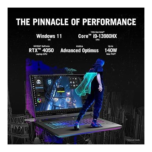 아수스 ASUS ROG Strix G16 (2023) Gaming Laptop, 16” Nebula Display 16:10 QHD 240Hz, GeForce RTX 4050, Intel Core i9-13980HX, 16GB DDR5, 1TB PCIe SSD, Wi-Fi 6E, Windows 11, G614JU-ES94,Eclipse Gray