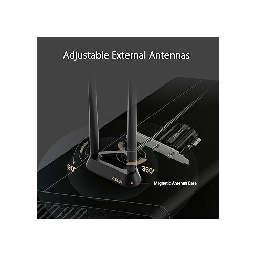 아수스 ASUS PCE-AXE59BT WiFi6 6E AX5400 PCI-E Adapter with 2 External Antennas and magnetized Base. Supporting 6GHz Band, 160MHz, Bluetooth 5.2, WPA3 Network Security, OFDMA and MU-MIMO