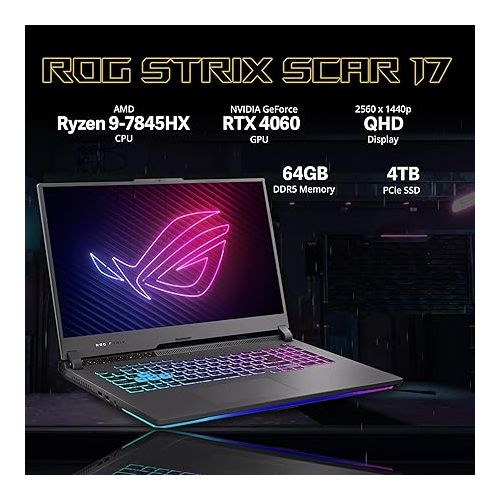 아수스 asus ROG Strix G17 Gaming Laptop, 17.3'' QHD 240Hz Display, AMD Ryzen 9 7845HX, GeForce RTX 4060, 64GB DDR5 RAM, 4TB PCIe SSD, RGB Backlit Keyboard, Win 11 Pro, Gray, 32GB Hotface USB Card