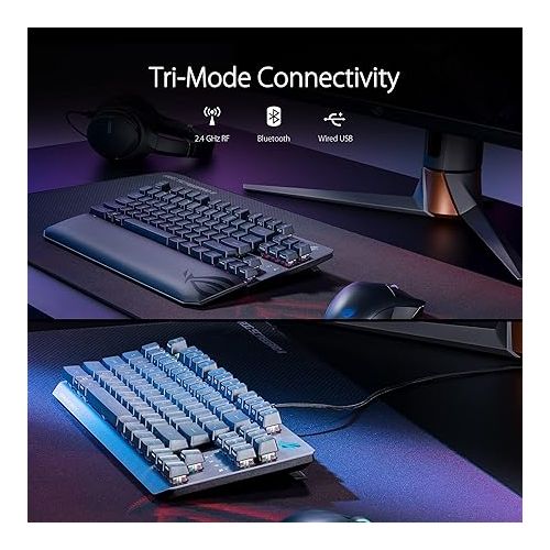 아수스 ASUS ROG Strix Scope RX TKL Wireless Deluxe - 80% Gaming Keyboard, Tri-Mode Connectivity (2.4GHz RF, Bluetooth, Wired), ROG RX Red Optical Mechanical Switches, PBT Keycaps, RGB, Wrist Rest, Black