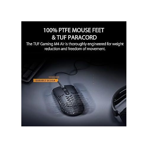 아수스 ASUS TUF Gaming M4 Air Lightweight Gaming Mouse | 16,000 dpi sensor, Programmable Buttons, 47g Ultralight Air Shell, IPX6 Water Resistance, TUF Gaming Paracord and Low Friction PTFE Feet, Black