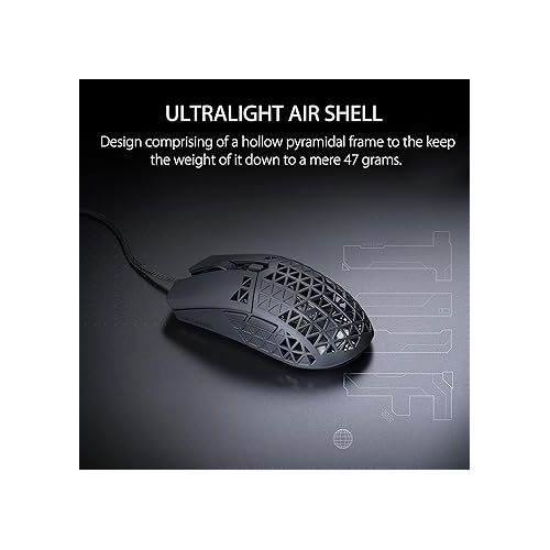 아수스 ASUS TUF Gaming M4 Air Lightweight Gaming Mouse | 16,000 dpi sensor, Programmable Buttons, 47g Ultralight Air Shell, IPX6 Water Resistance, TUF Gaming Paracord and Low Friction PTFE Feet, Black