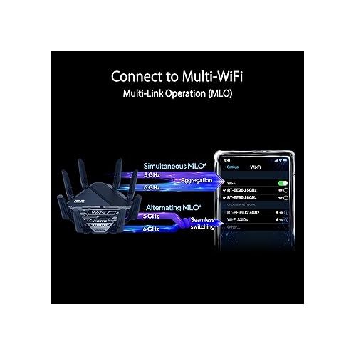 아수스 ASUS RT-BE96U BE19000 802.11BE Tri-Band Performance WiFi 7 Extendable Router with 6GHz support, Dual 10G Port, 320Mhz, lifetime internet security , MLO, Multi-RU puncturing , AiMesh Support