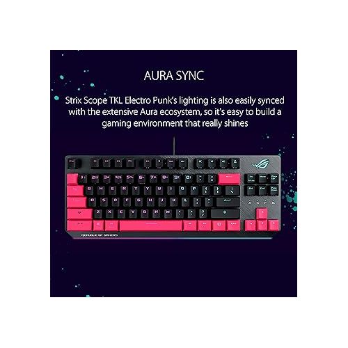아수스 ASUS ROG Strix Scope TKL Electro Punk Mechanical Gaming Keyboard, Cherry MX Red Switches, 2X Wider Ctrl Key for Greater FPS Precision, Gaming Keyboard for PC, Aura Sync RGB Lighting, Quick-Toggle,Pink