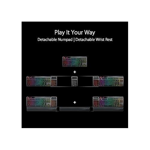 아수스 ASUS ROG Claymore II 100% / 80% TKL Wireless RGB Modular Gaming Keyboard, ROG RX Red Switches, PBT Doubleshot Keycaps, Detachable Numpad, Wrist Rest, Media Controls, USB Passthrough - Black PBT