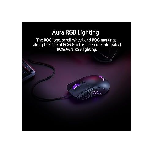 아수스 ASUS ROG Gladius III Wired Gaming Mouse, 19K Optical Sensor, 19,000 DPI, 6 Programmable Buttons, RGB Lighting, ROG Switch Socket Design, Swappable Switches, Ergonomic, Black