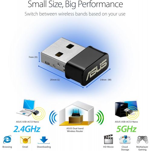 아수스 ASUS USB-AC53 AC1200 Nano USB Dual-Band Wireless Adapter, MU-Mimo, Compatible for Windows XP/Vista/7/8/1/10