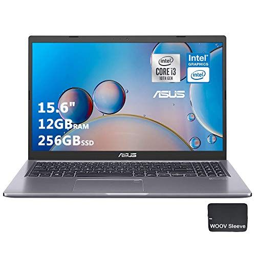 아수스 ASUS VivoBook Thin and Light Laptop 15.6 FHD Display 10th Gen Intel Core i3 1005G1 12GB DDR4 RAM, 256GB PCIE SSD, Backlit, Bundled with Woov Sleeve, Fingerprint, Windows 10 Home S,