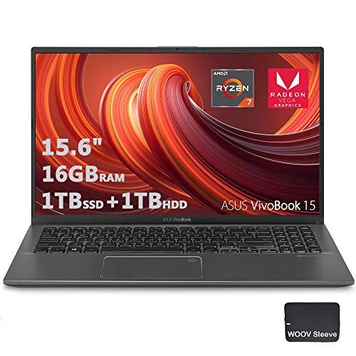 아수스 ASUS VivoBook 15 Thin & Light 15.6 FHD Laptop, AMD 4 Core R7 3700U CPU,16GB DDR4 RAM, 1024GB PCIE SSD, 1TB HDD, AMD Radeon Vega 10 Graphics, Fingerprint, Sleeve, Windows 10 Home(Sl