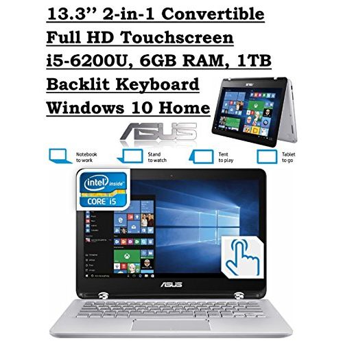 아수스 ASUS Q304UA 13.3 inch 2 in 1 Touchscreen Full HD Laptop PC (2016 Edition, 6th Intel Core i5 6200U up to 2.8GHz, 6GB RAM, 1TB HDD) Silver